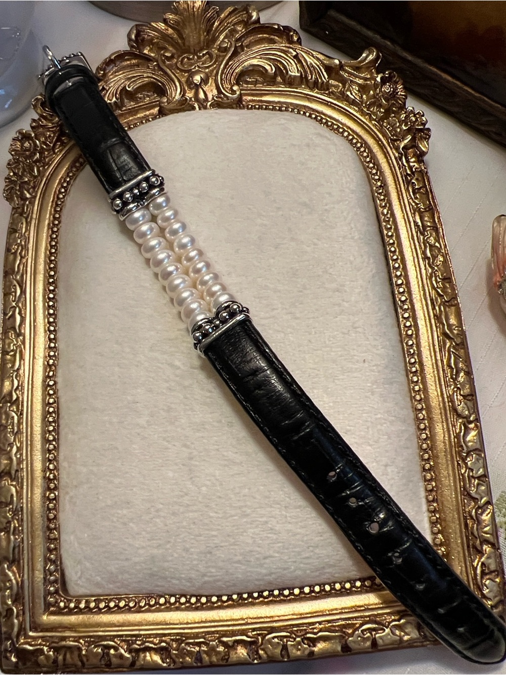 Honora Black Leather and Cultured Pearl Bucket Bracelet